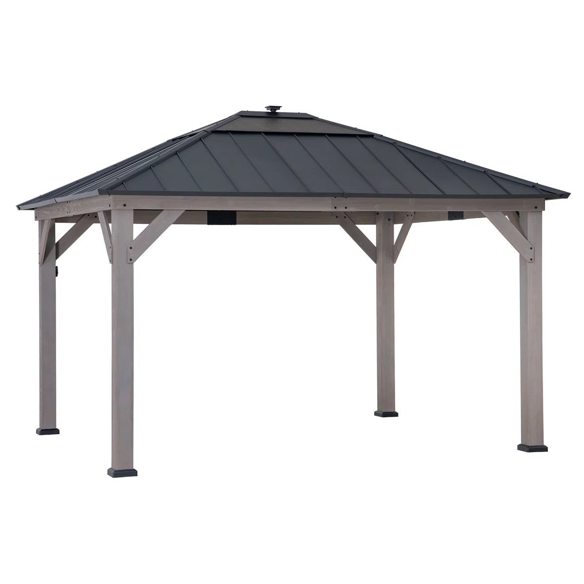 Sunjoy 11 x 13 Grayden Wood Gazebo , Outdoor Patio Solar Powered Hardtop Gazebo with One-Tier Metal Roof, LED Light and Ceiling Hook