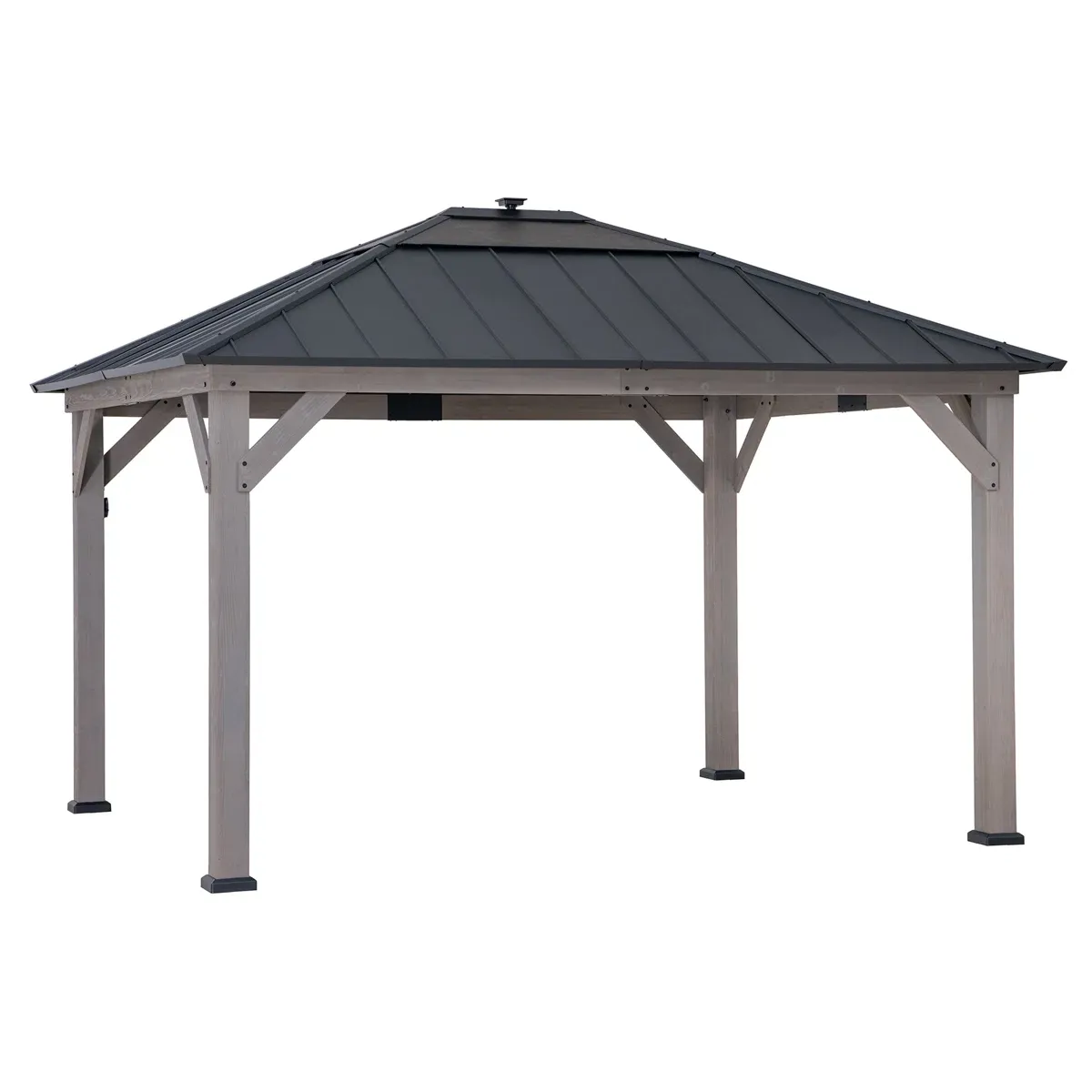 Sunjoy 11 x 13 Grayden Wood Gazebo , Outdoor Patio Solar Powered Hardtop Gazebo with One-Tier Metal Roof, LED Light and Ceiling Hook