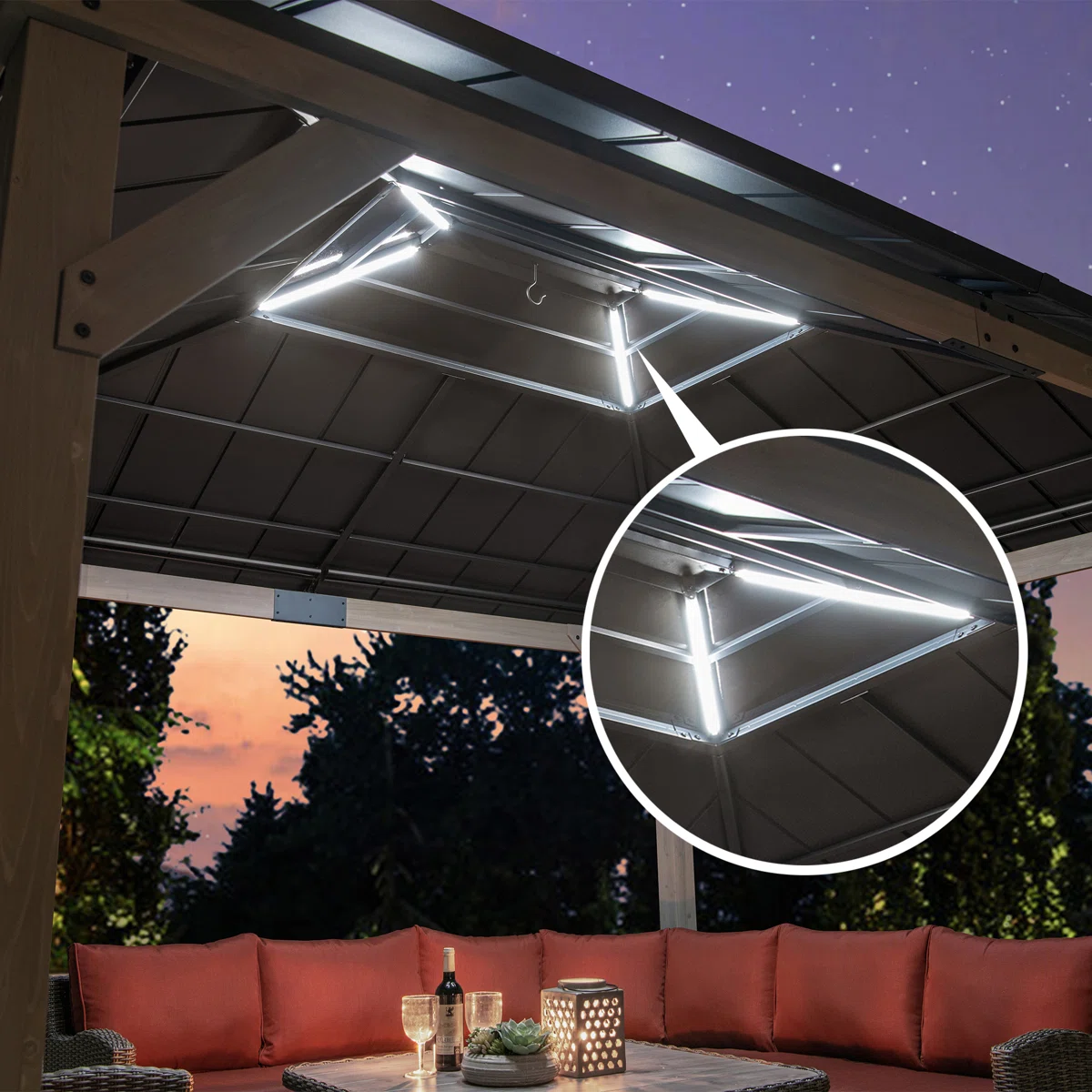 Sunjoy 11 x 13 Grayden Wood Gazebo , Outdoor Patio Solar Powered Hardtop Gazebo with One-Tier Metal Roof, LED Light and Ceiling Hook