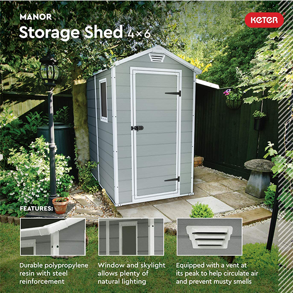 46 Resin Outdoor Storage Shed Kit-Perfect to Store Patio Furniture, Garden Tools Bike Accessories, Beach Chairs and Lawn Mower, Grey & White