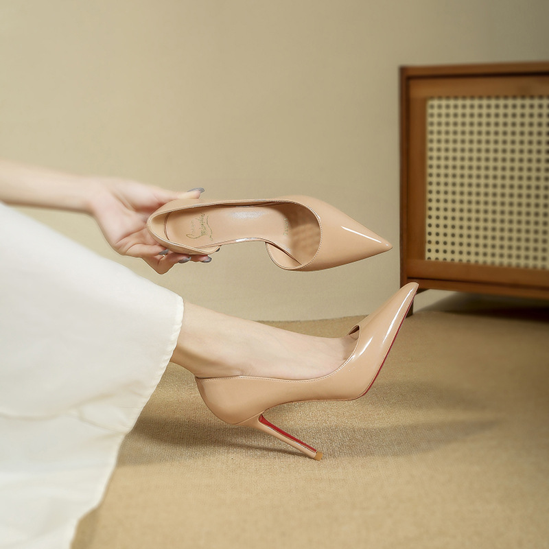 Elegant Pointed-Toe Nude Patent Leather Red-Sole High Heels