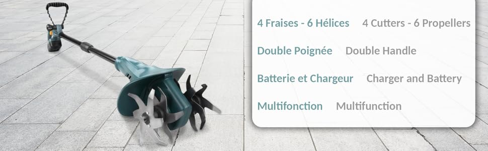  Motobineuse Maniable Pratique Professional Double Poign��e Ergonomique Battery & Chargeur Inclus