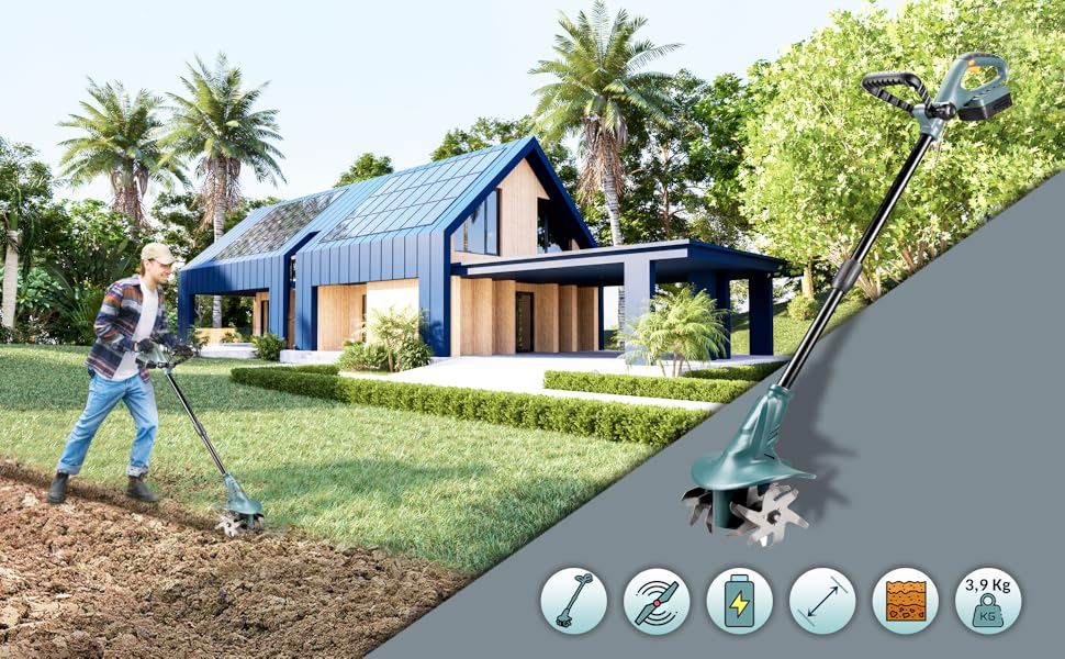  Motobineuse Sans Fil �� Battery Lithium 18V - Largeur de Travail 20 cm - Retourner la Terre Jardin