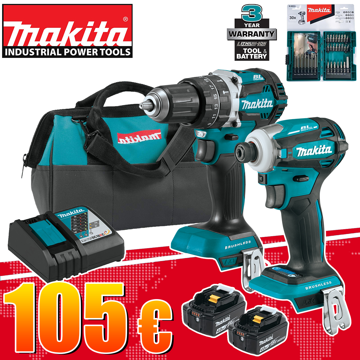 Odštevanje do najnižje cene novih izdelkov Makita v letu 2025 - komplet akumulatorskega orodja Makita XT269M 18V brez krtačk za samo 105 €!