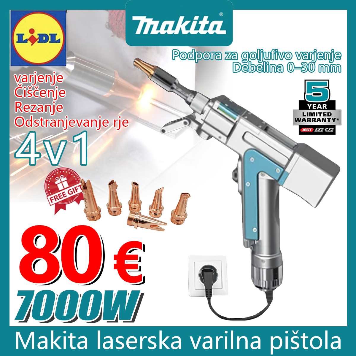🚀 Zadnji dan za najnižjo ceno v letu! Makita 7000W inovativna prenosna laserska varilna pištola 4 v 1 (varjenje + čiščenje + rezanje + odstranjevanje rje)