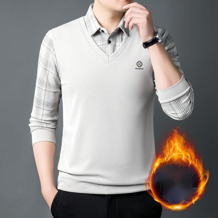 🔥【Buy 1 Get 1 Free】🔥【M-4XL】Plush men's POLO shirt 2024 autumn and winter new thickened fake two-piece lapel long-sleeved T-shirt bottoming shirt men
