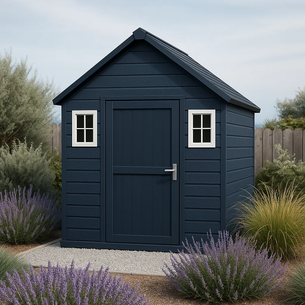 Abri de jardin en résine cabanon bleu foncé en bois pour extérieur 170x160x230cm-Tapizor