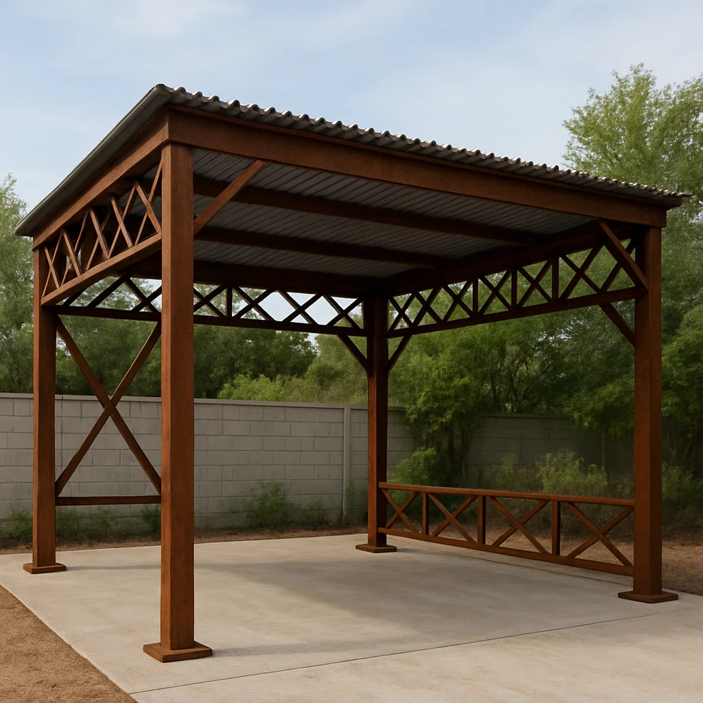 Abri voiture simple brun en bois et tôle ondulée pour extérieur 400x300x320cm-Tapizor