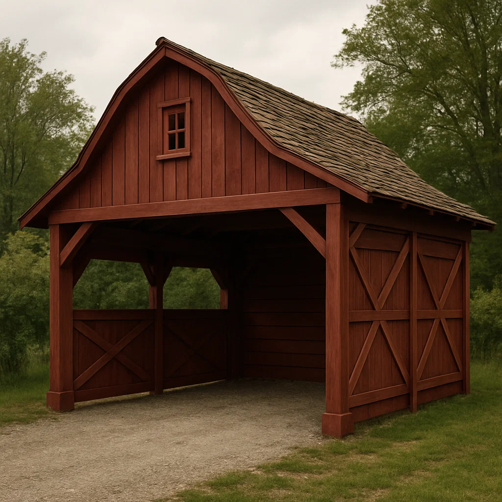 Abri voiture style grange rouge bois massif jardin extérieur 350×420×370cm-Tapizor