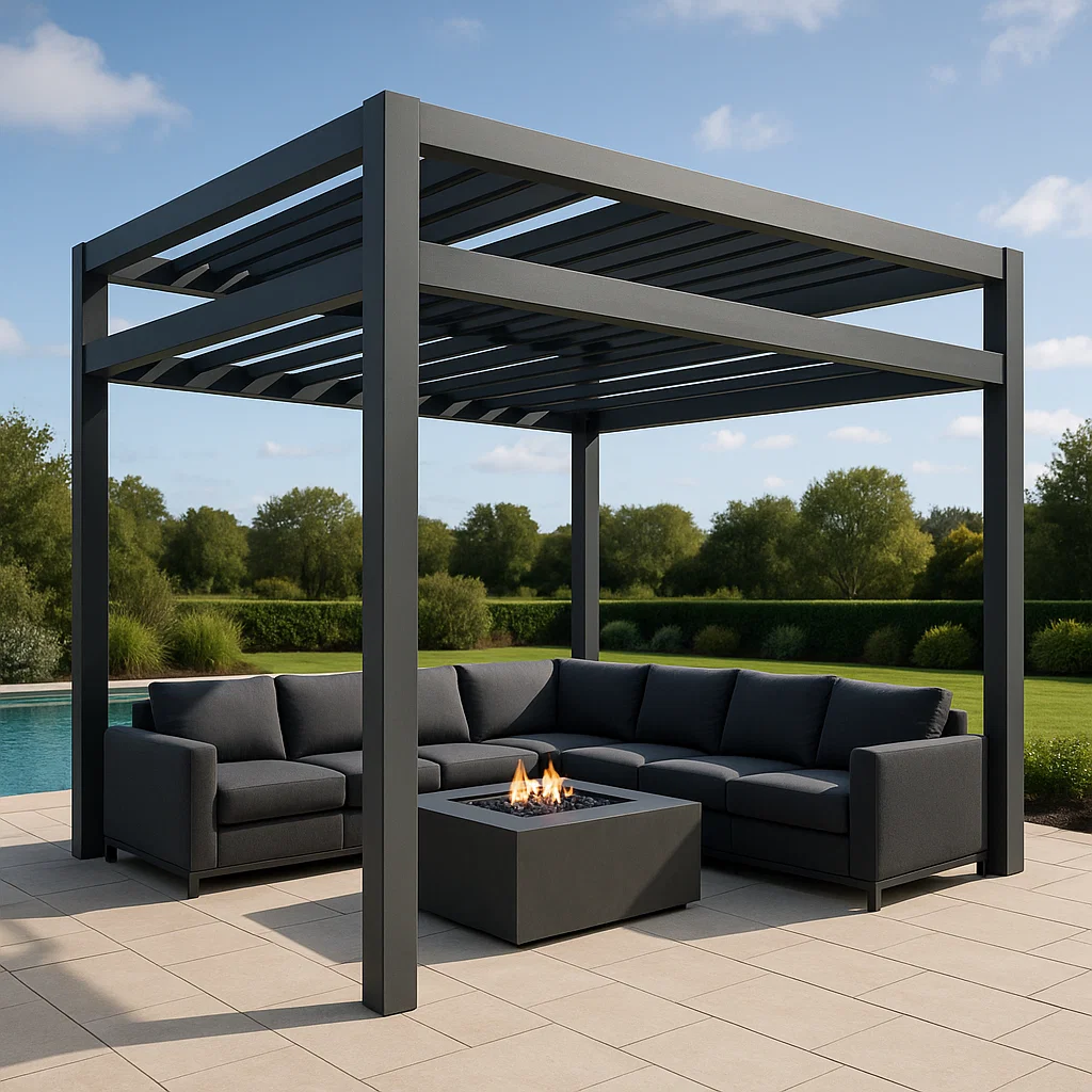 Pergola autoportante Structure Aluminium Gris Matériau Aluminium Utilisation : Terrasse Jardin Dimensions : 300cmx220cmx300cm-Tapizor