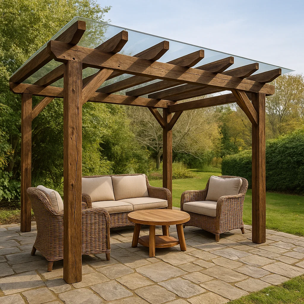 Pergola autoportante jardín marrón madera vidrio terraza 300x250x240cm-Tapizor