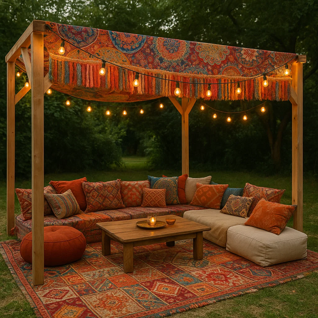 Pergola autoportante en Bois Décorée avec Éclairage LED Couleur Multicolore Matériau Bois Utilisation : Jardin Terrasse Dimensions : 300cmx250cmx300cm-Tapizor