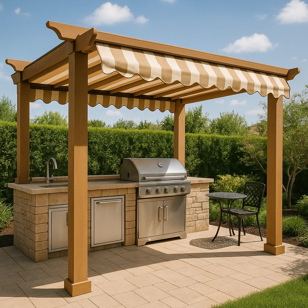 Pergola retractil cuisine extérieure rayée bois composite jardin 300×200×250cm-Tapizor
