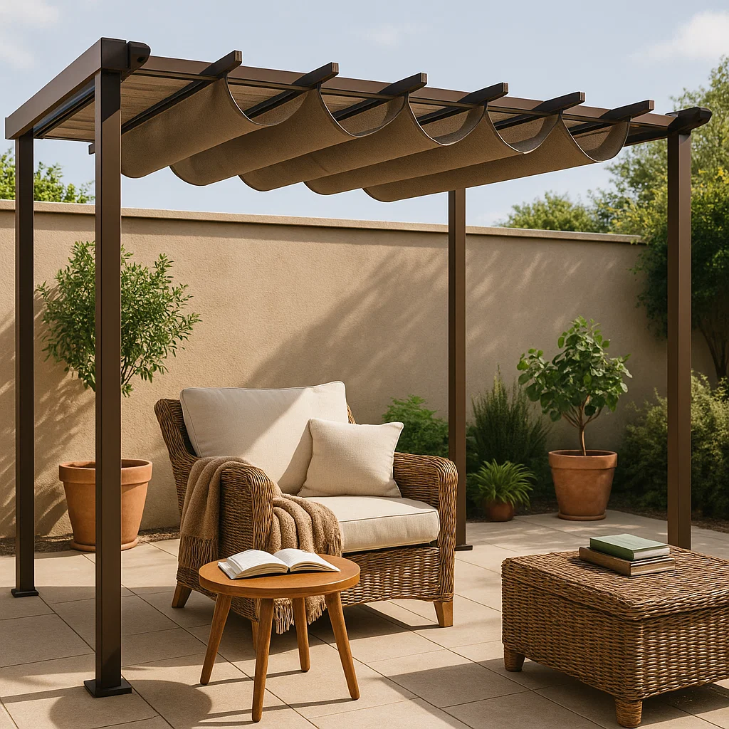 Pergola retractil autoportante toile rétractable beige aluminium jardin terrasse 300x200x230cm-Tapizor