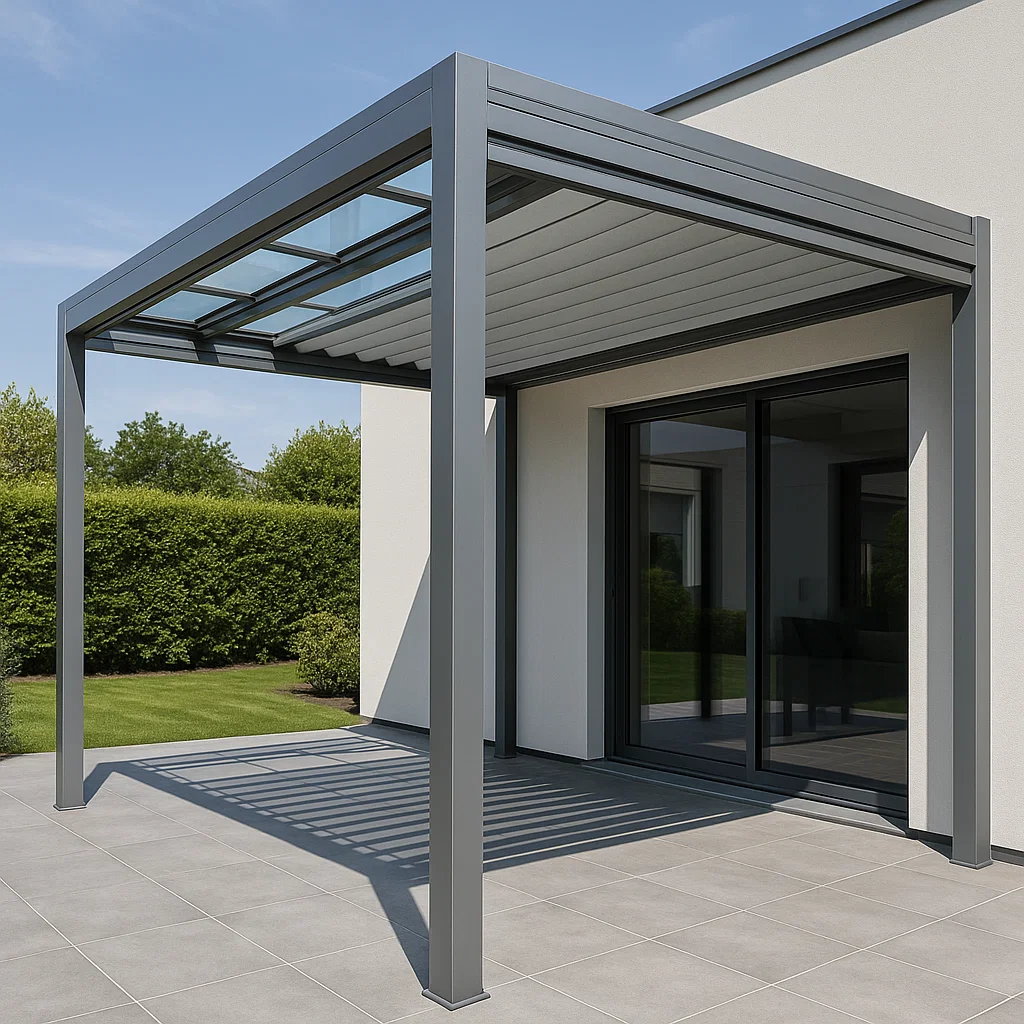 Pergola retractil Structure Aluminium Gris Matériau Aluminium Utilisation : Terrasse Jardin Dimensions : 300cmx220cmx300cm-Tapizor