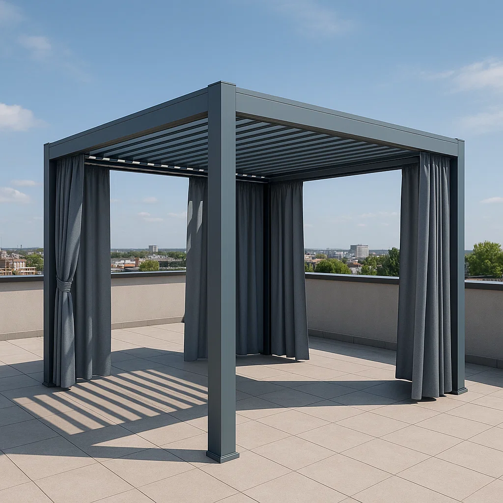 Pergola retractil bioclimatique avec rideaux gris bleu aluminium terrasse 300×300×250cm-Tapizor