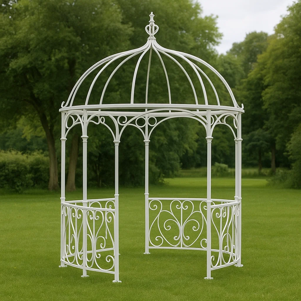 Tonnelle et kiosque en Métal Blanc avec Parois Décoratives en Fer Forgé - Adapté aux Espaces Extérieurs - Dimensions 300cmx220cmx300cm-Tapizor