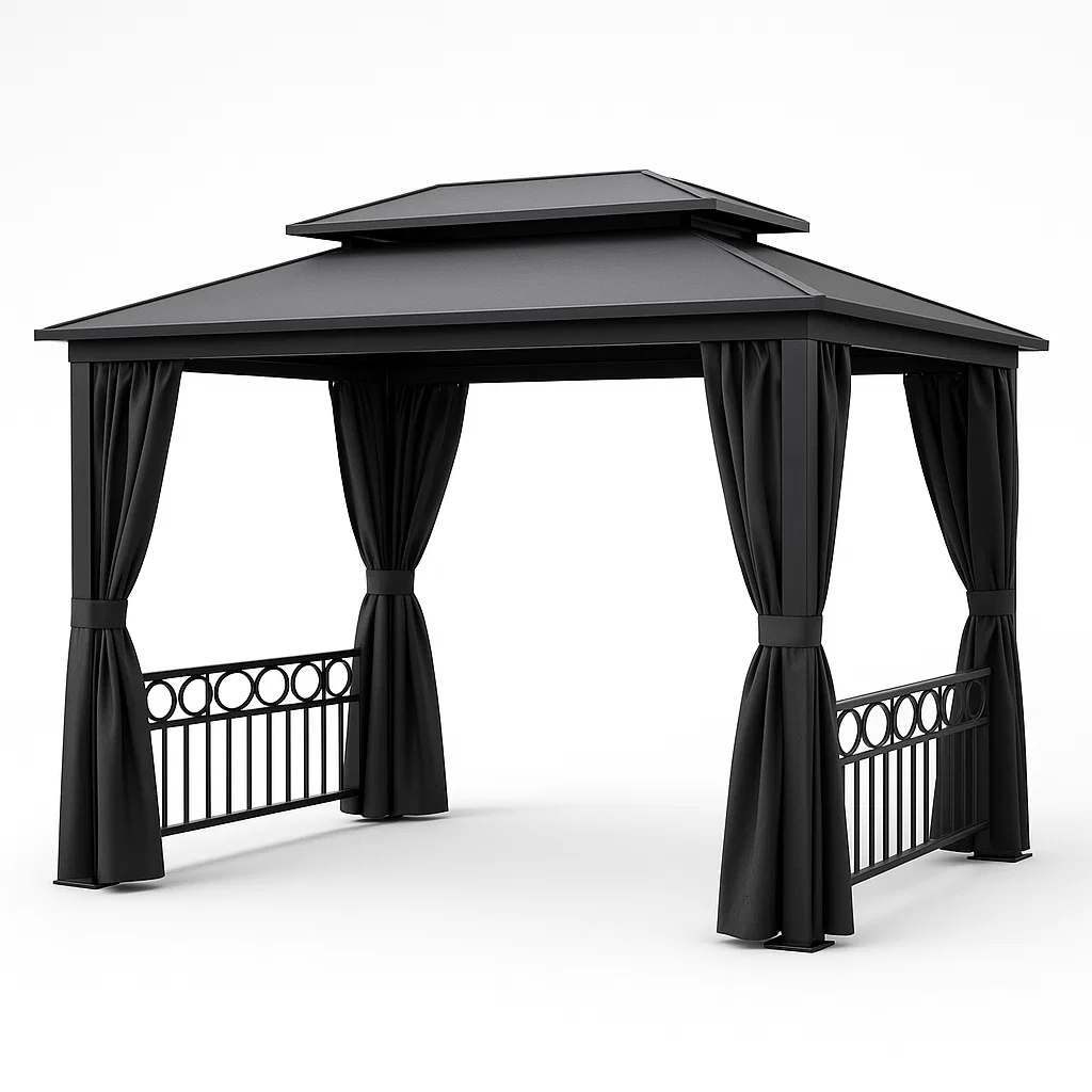 Tonnelle et kiosque avec Rideaux, Structure en Métal Noir - Toit Escalier - Design Élégant pour Jardin et Terrasse - Dimensions 300cmx300cmx250cm-Tapizor