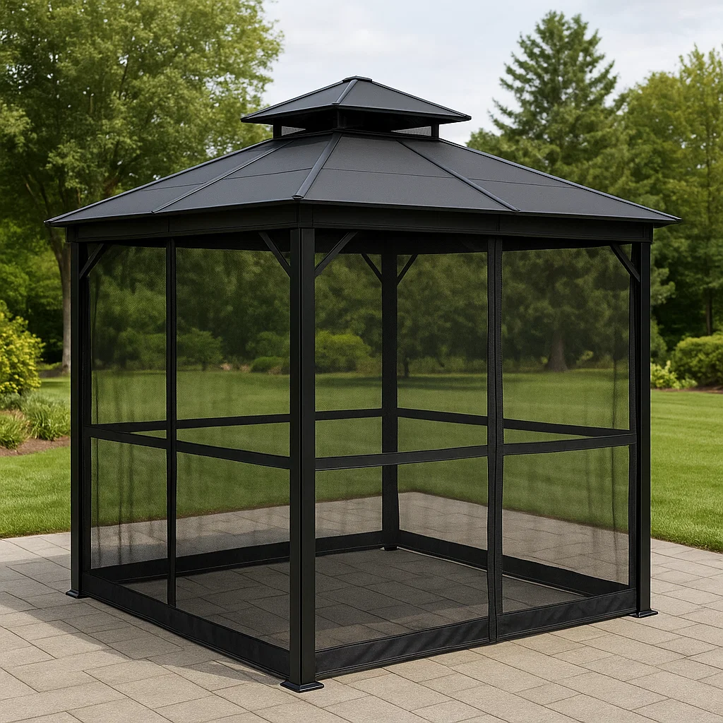 Tonnelle et kiosque de jardin pavillon noir aluminium extérieur avec moustiquaire 300×300×260cm-Tapizor