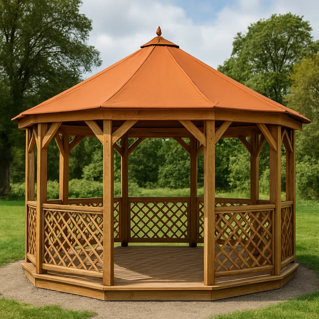 Tonnelle et kiosque de jardin octogonal bois naturel toile orange extérieur parc 400x400x320cm-Tapizor