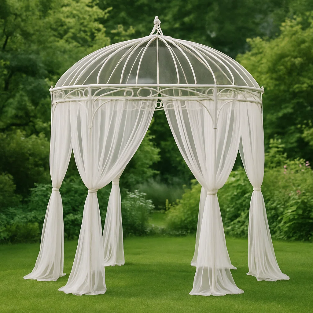 Tonnelle et kiosque en Fer Forgé avec Rideaux, Blanc, Structure Métallique pour Jardin - Dimensions 300cmx300cmx350cm-Tapizor