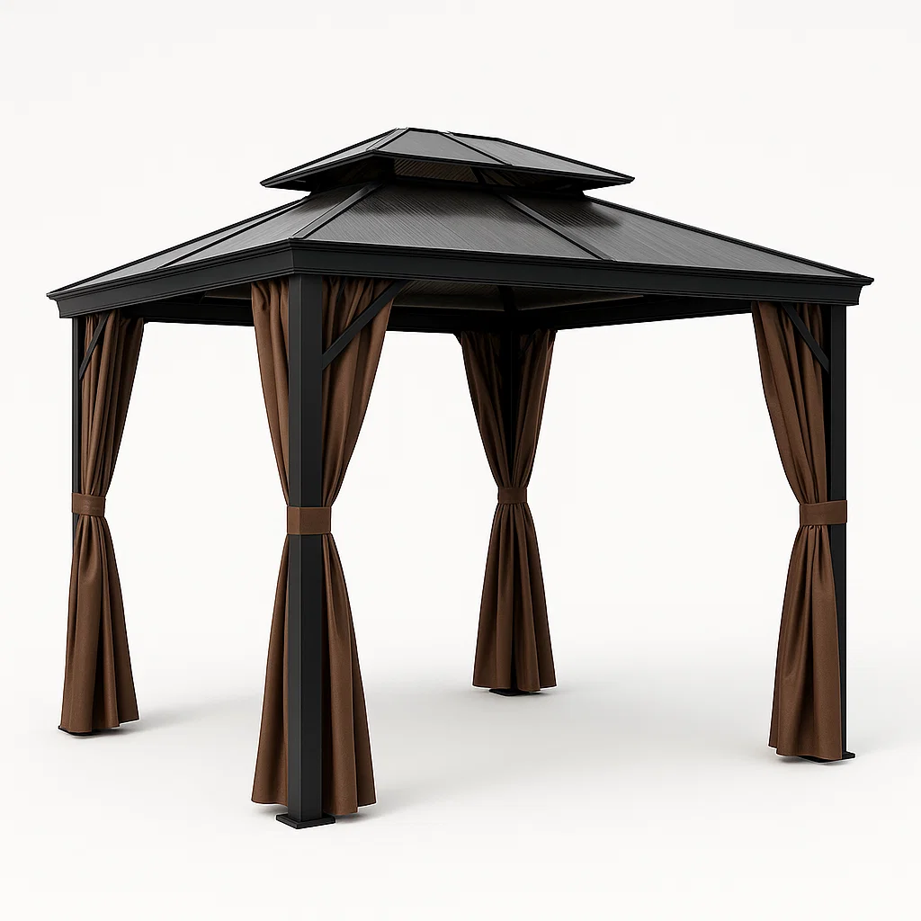 Tonnelle et kiosque de jardin pavillon noir aluminium extérieur avec rideaux 300×300×270cm-Tapizor