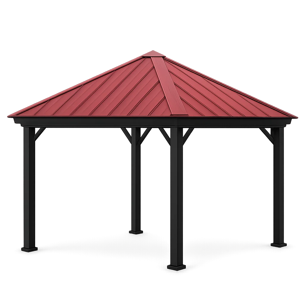 Tonnelle et kiosque de jardin toit rouge et structure noire métal extérieur terrasse 350x350x290cm-Tapizor