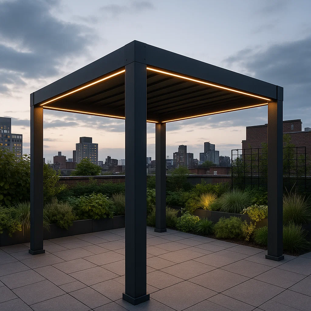 Tonnelle et kiosque bioclimatique gris anthracite aluminium terrasse toit plat LED 300×240×300cm-Tapizor