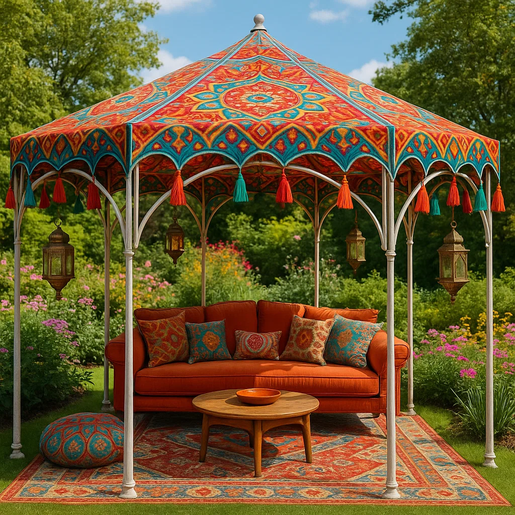 Tonnelle et kiosque Colorée avec Toit Tissé, Structure en Métal - Design Élégant pour Jardin et Terrasse - Dimensions 350cmx350cmx280cm-Tapizor
