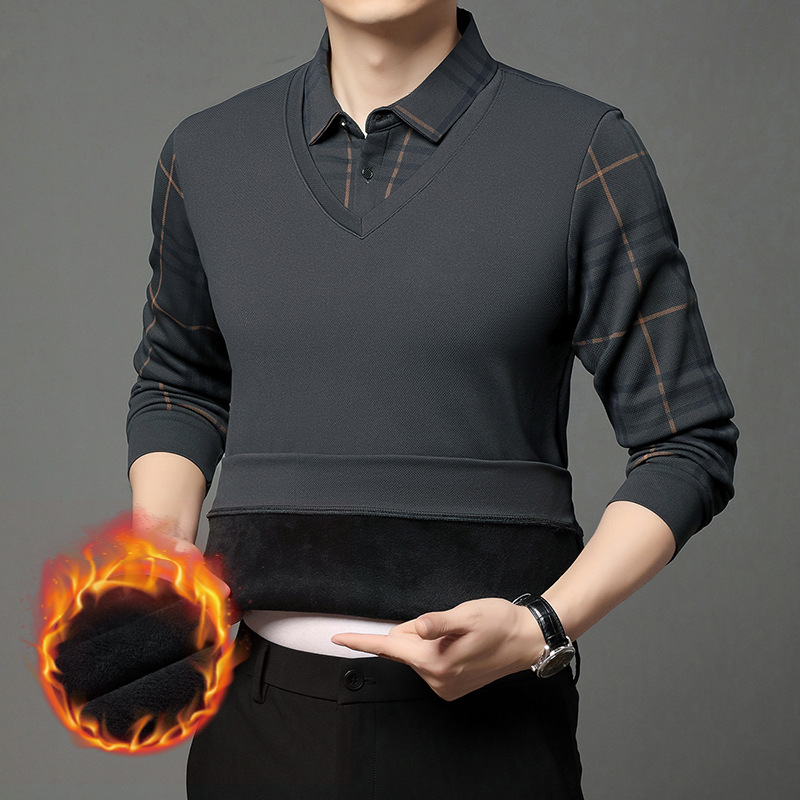 High-end business casual plus velvet thickened fake two-piece men's shirt