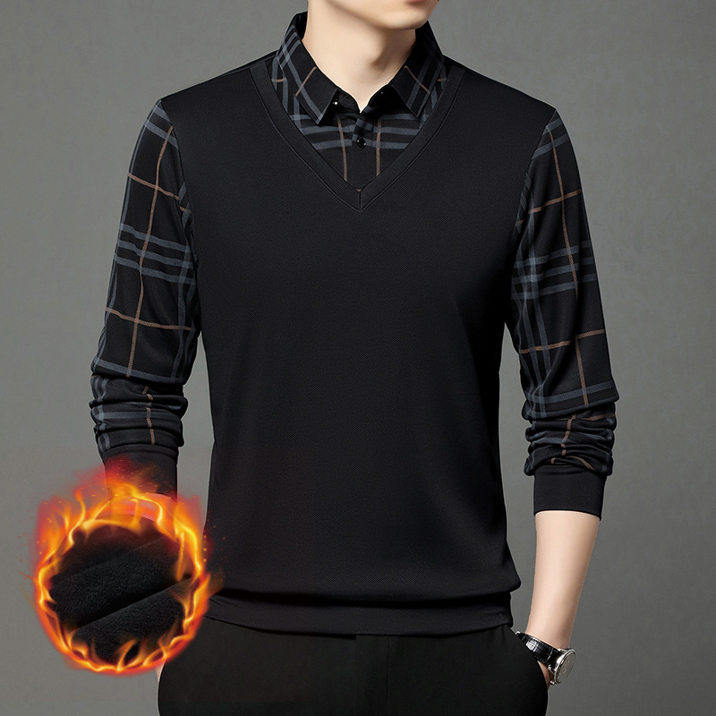 High-end business casual plus velvet thickened fake two-piece men's shirt