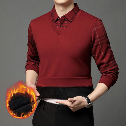 High-end business casual plus velvet thickened fake two-piece men's shirt