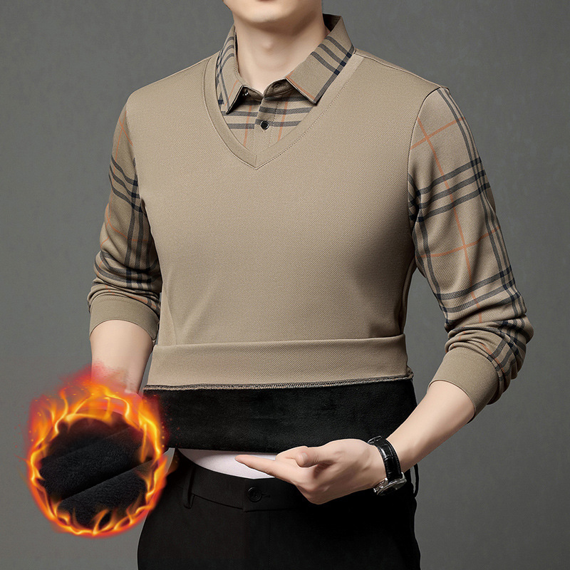 High-end business casual plus velvet thickened fake two-piece men's shirt