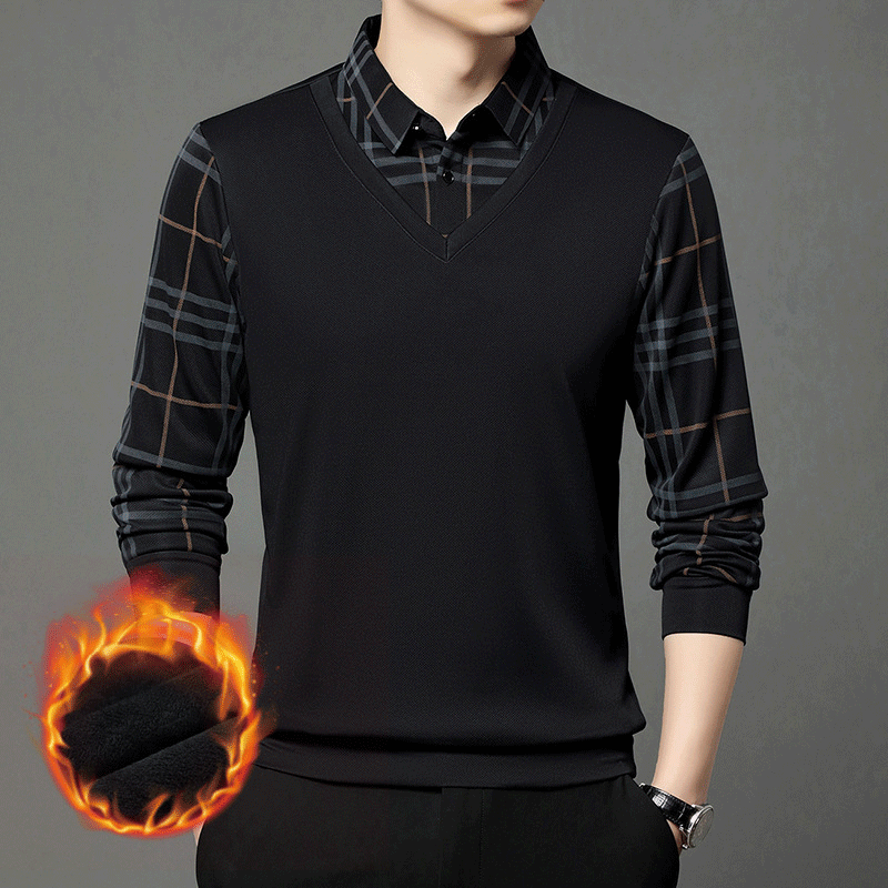 High-end business casual plus velvet thickened fake two-piece men's shirt