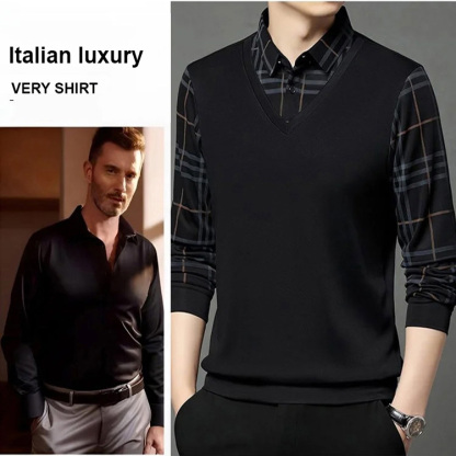 High-end business casual plus velvet thickened fake two-piece men's shirt