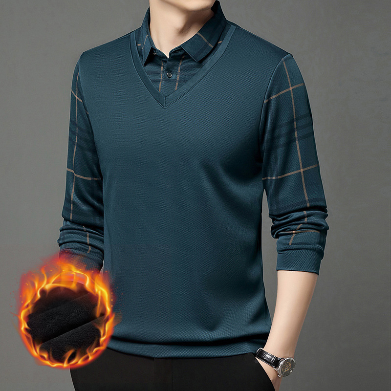 High-end business casual plus velvet thickened fake two-piece men's shirt