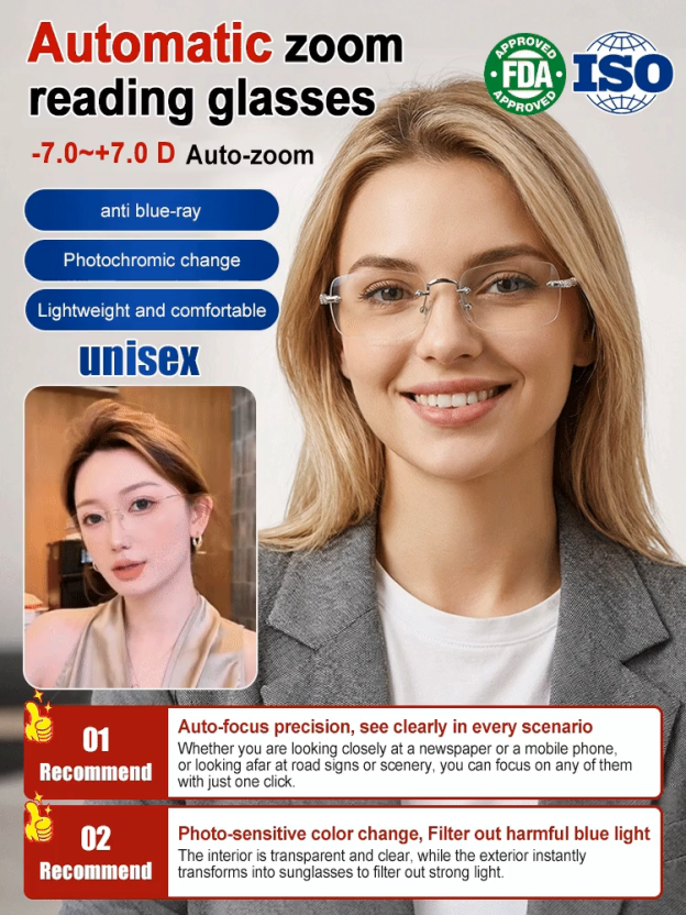 👓-7.0~7.0D Auto-Focus Eyeglasses-Photosensitive color-changing ultra-light frameless reading glasses