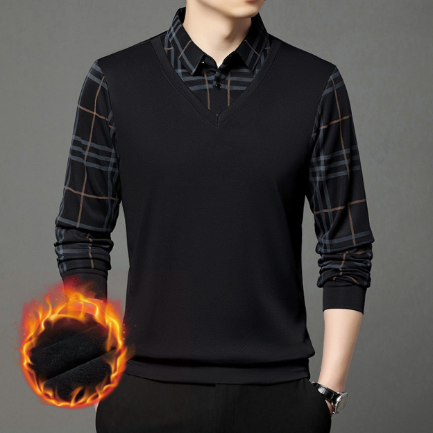 High-end business casual plus velvet thickened fake two-piece men's shirt