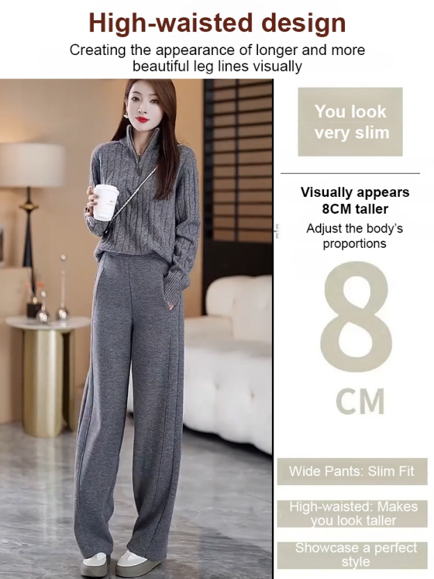 Elegant Curved Wool Cashmere Wide-Leg Pants🐑100% pure cashmere