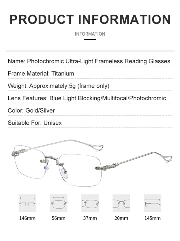 👓-7.0~7.0D Auto-Focus Eyeglasses-Photosensitive color-changing ultra-light frameless reading glasses