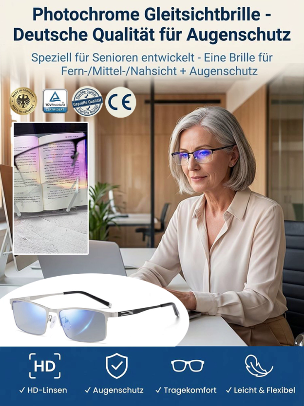 Photochrome Gleitsicht-Lesebrille aus Metall