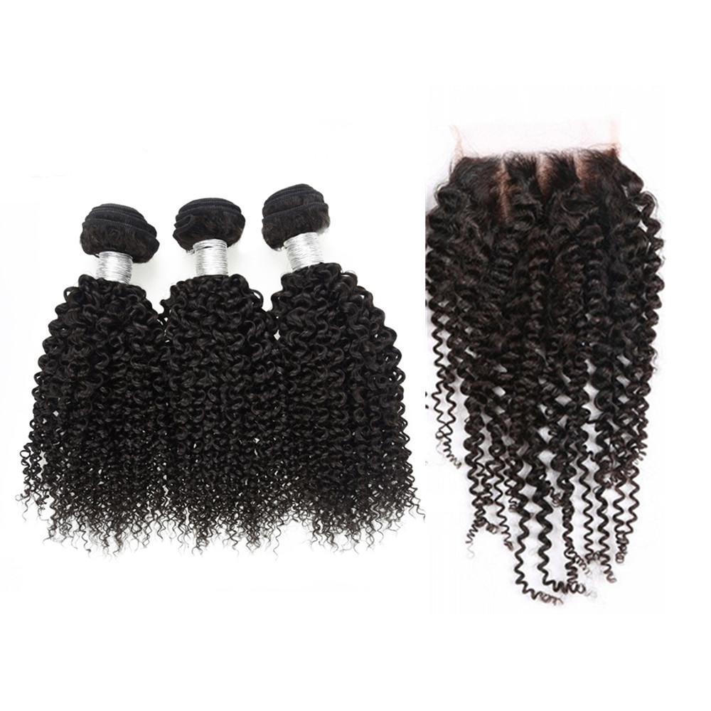 Wolf king kinky curly wave 3 bundles with 5*5 HD transparent closure natural color virgin human hair weft