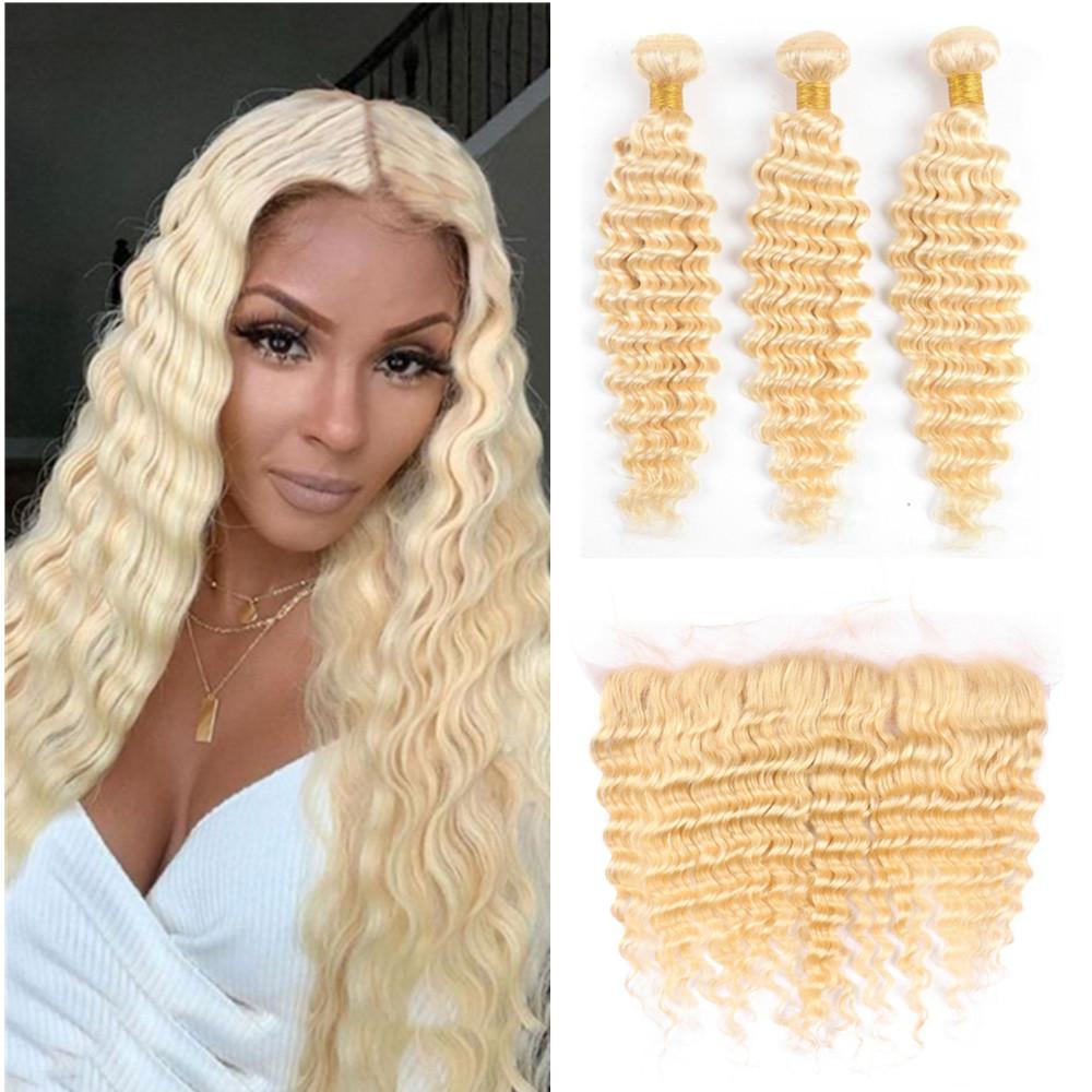 Wolf king 613# deep wave 3 bundles with 13*4 HD transparent frontal virgin human hair weft