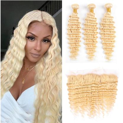 Wolf king 613# deep wave 3 bundles with 13*4 HD transparent frontal virgin human hair weft