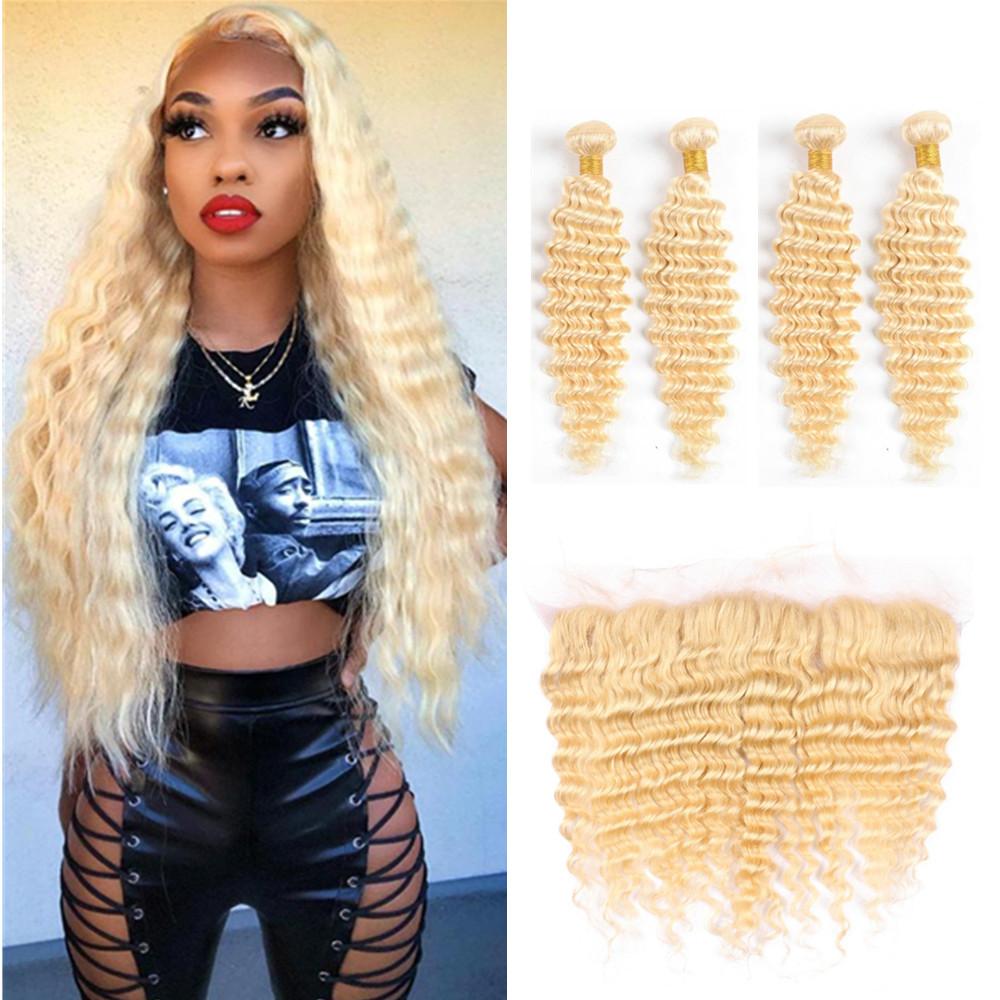Wolf king 613# deep wave 4 bundles with 13*4 HD transparent frontal virgin human hair weft