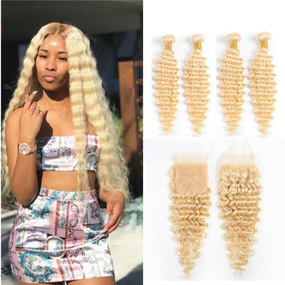 Wolf king 613# deep wave 4 bundles with 4*4 HD transparent closure virgin human hair weft