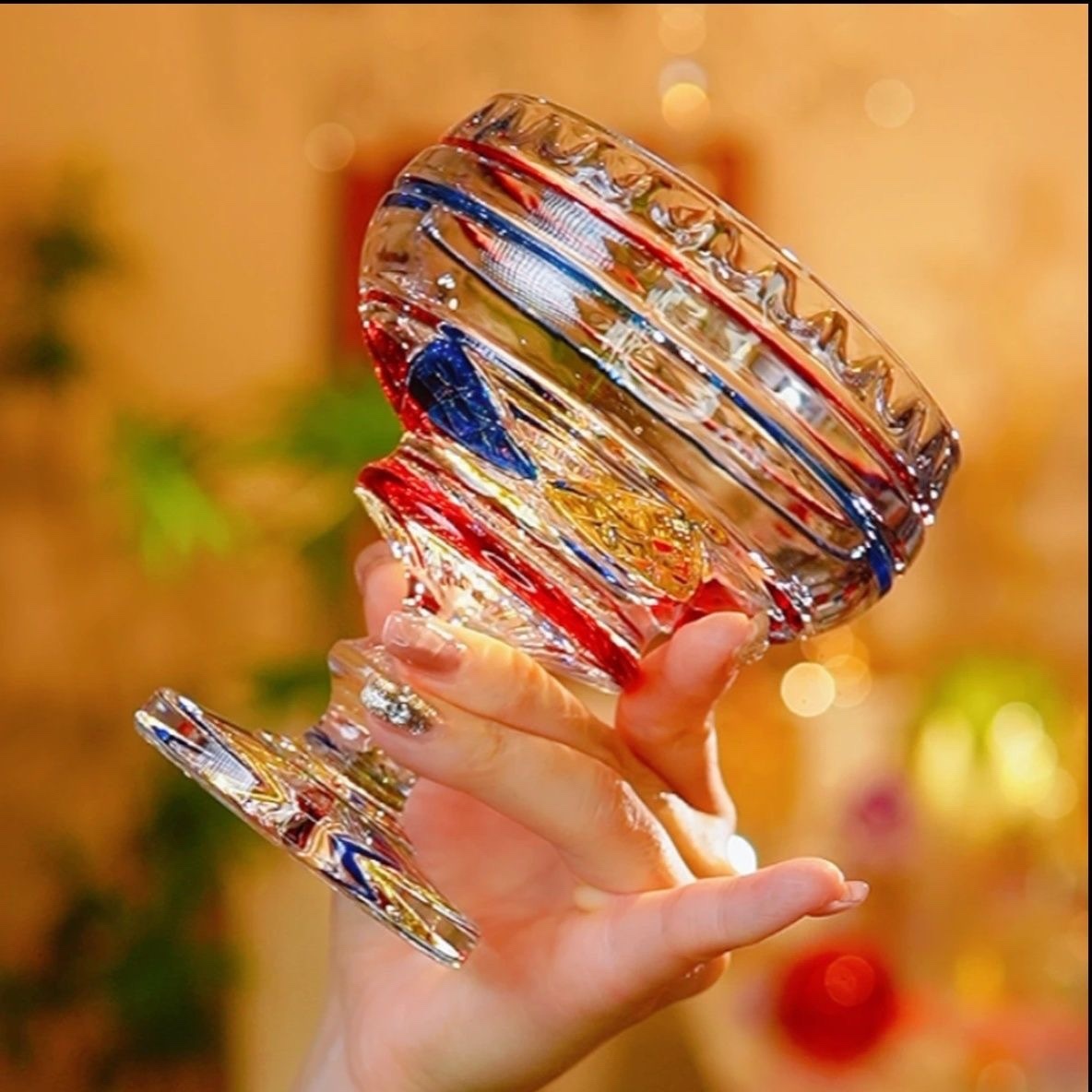 Painted Crystal Glass Small Goblet Fruit Bowl – Home Living Room Snack/Candy/Ice Cream Dish