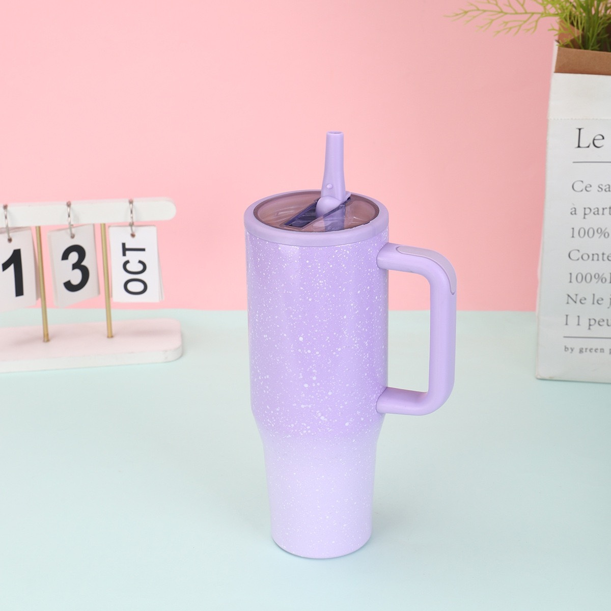 Creative 40oz Glow-in-the-Dark Handle Car Mug, Double-Walled Stainless Steel Insulated Cup with Night Fluorescent Straw