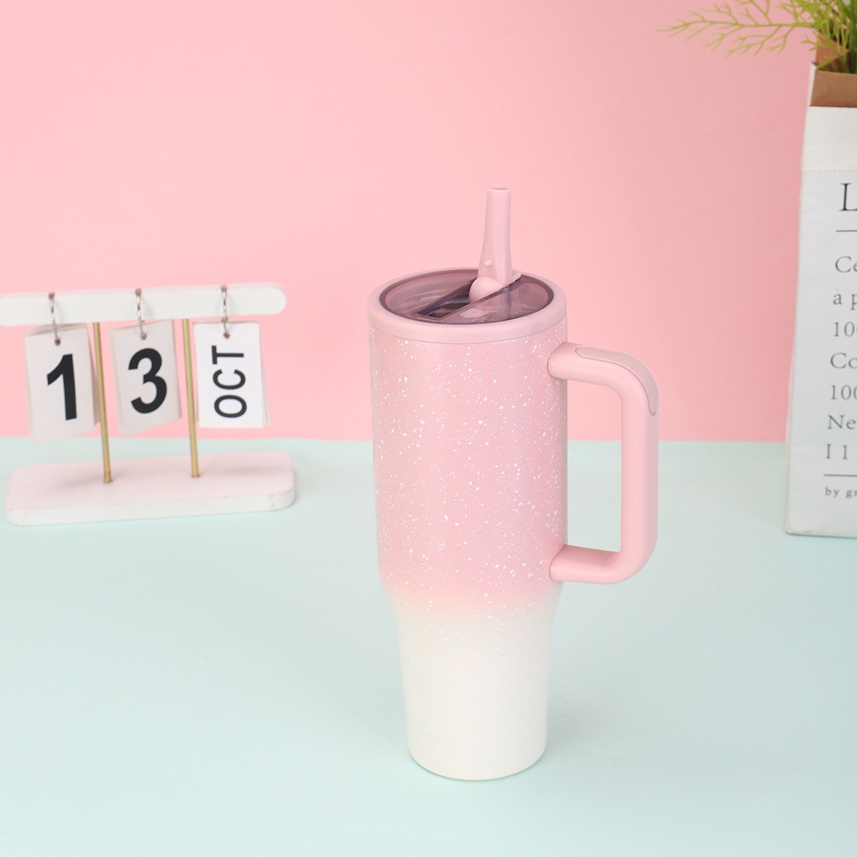 Creative 40oz Glow-in-the-Dark Handle Car Mug, Double-Walled Stainless Steel Insulated Cup with Night Fluorescent Straw