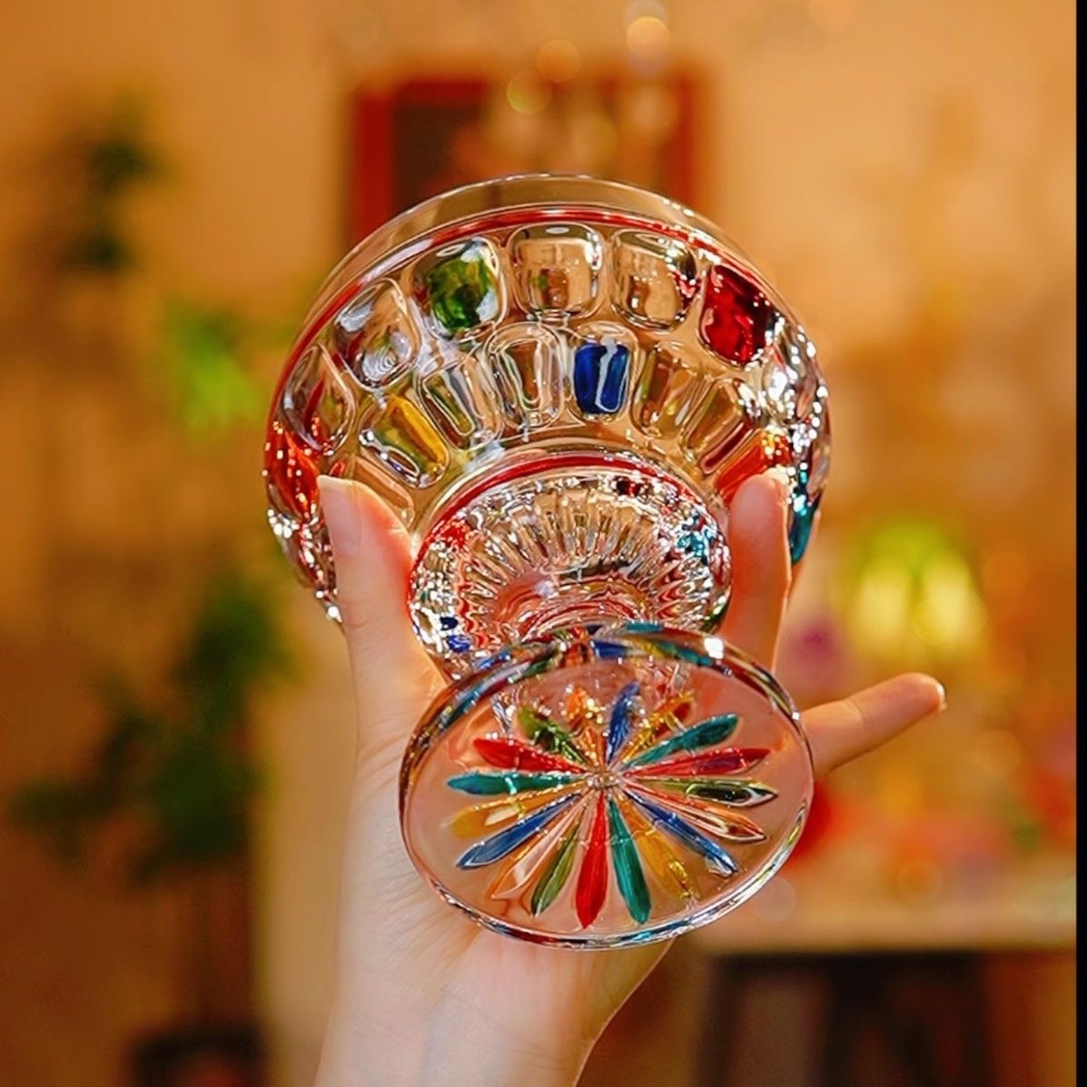 Painted Crystal Glass Small Goblet Fruit Bowl – Home Living Room Snack/Candy/Ice Cream Dish